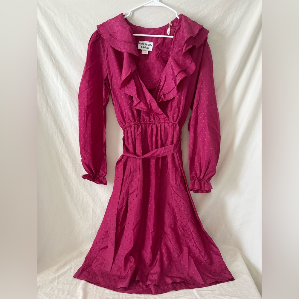 Vintage Melissa Lane magenta/pink embroidered hearts tie waist dress sz14 1980